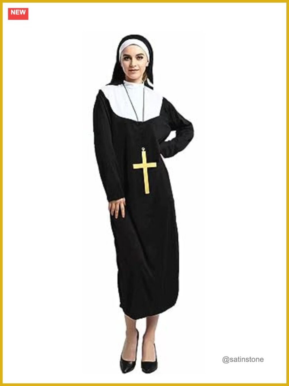 Nun Costume Dress Set Cosplay Halloween Nun Habit with Hat Collar Cross